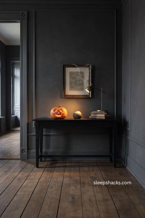 Moody minimalist Halloween entry table with one glowing pumpkin and framed art