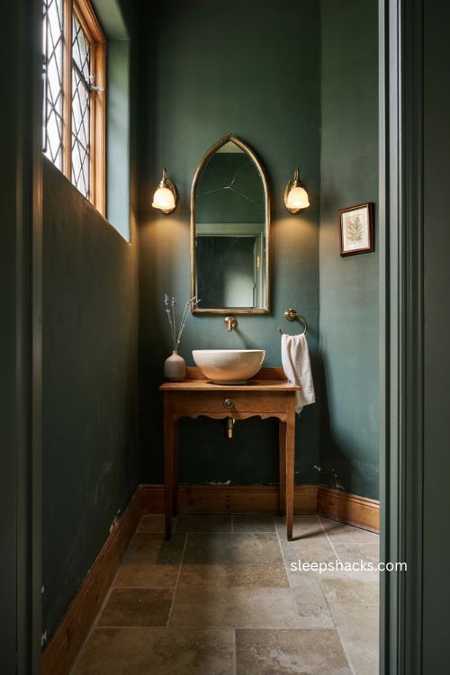 Moody powder room with dark walls vintage vanity brass fixtures and cozy dramatic style 