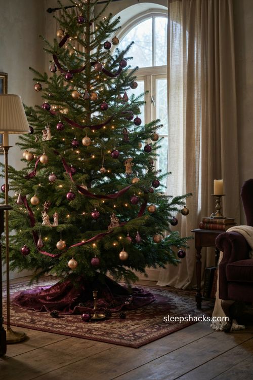 Moody whimsigoth christmas tree with burgundy plum antique gold and warm lights