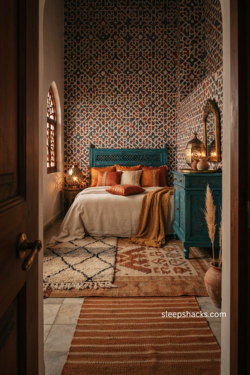 Moroccan inspired teal and orange bedroom with layered rugs and brass lanterns