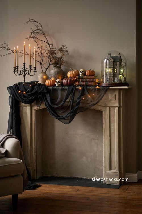 Motion activated haunted house dome Halloween fireplace mantel with candles cheesecloth and spooky decor