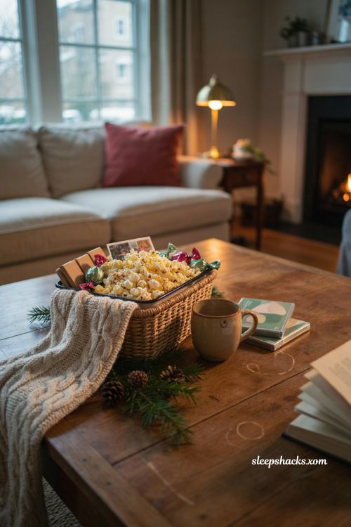Movie night Christmas gift basket ideas with popcorn candy blanket and cozy family gifts 