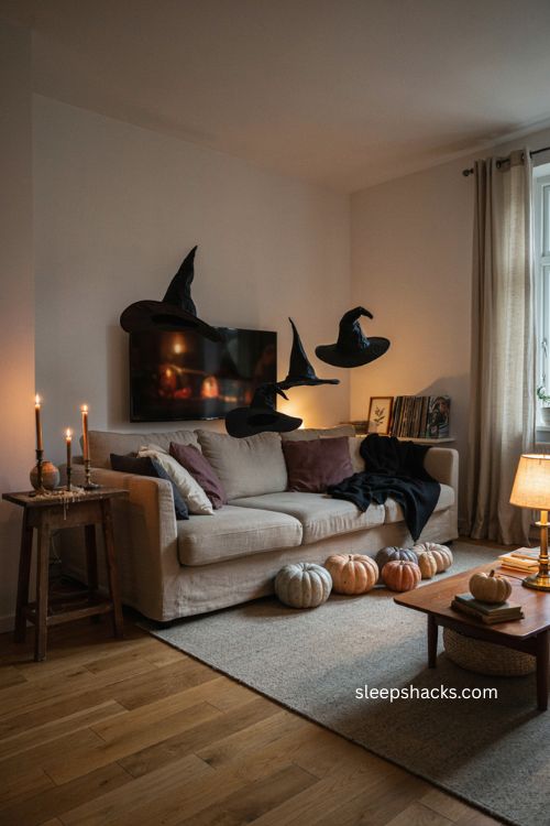 Movie night witch corner with floating hats candles and cozy Halloween decor