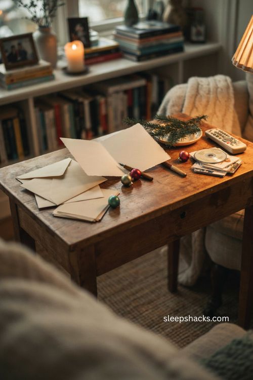 Movie quote Christmas card for boyfriend with cozy holiday movie night writing setup and handmade card 