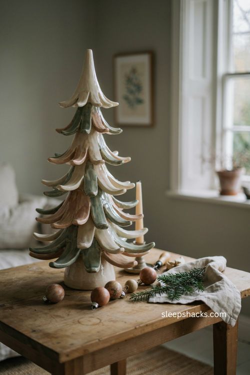 Multi bough ceramic tabletop christmas tree with layered pottery branches and vintage charm