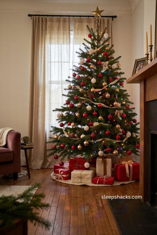 Multicolor Christmas tree with matching red white and gold presents