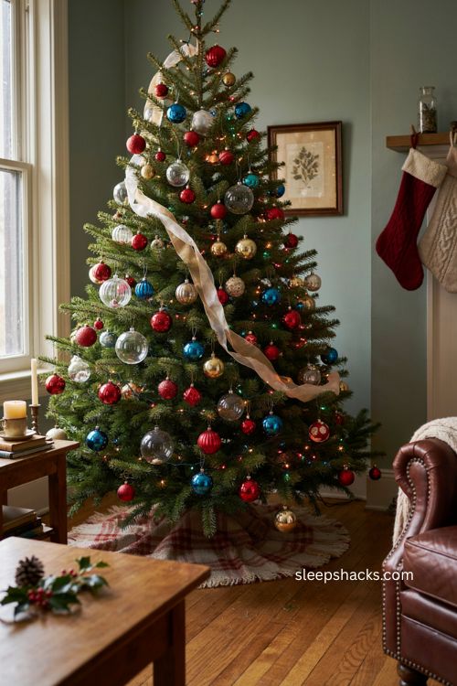Multicolor Christmas tree with neutral ribbon and bold ornaments