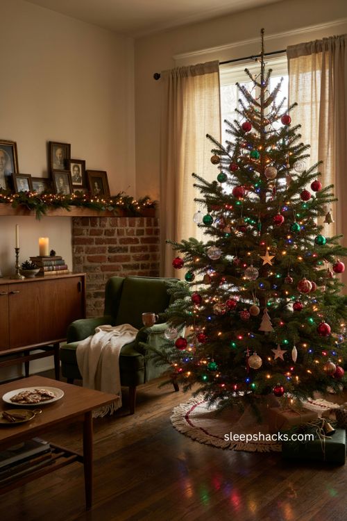 Multicolor lights Christmas tree ideas with vintage ornaments