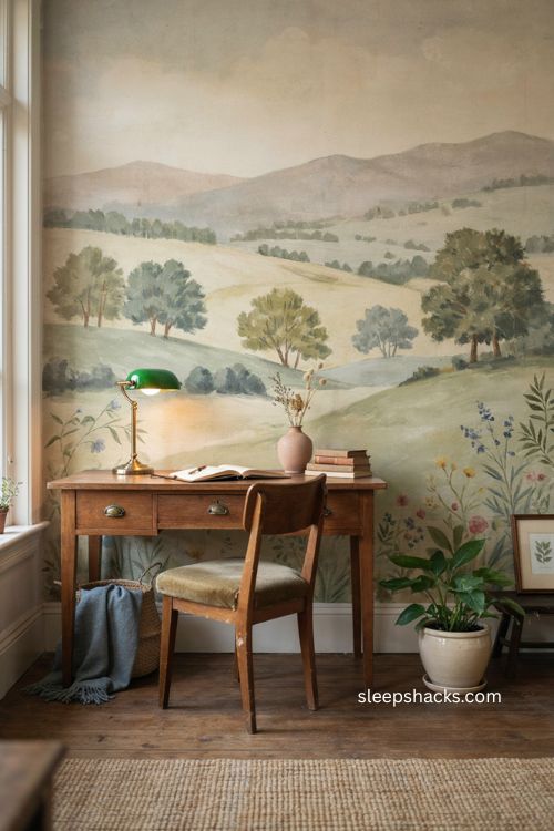 Mural statement wall art for a cozy home office backdrop 