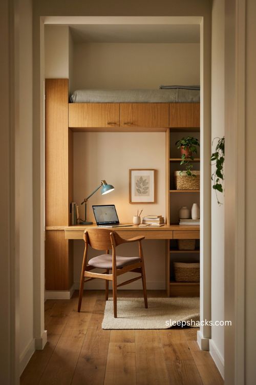 Murphy bed guest room office with hidden bed and organized workspace 