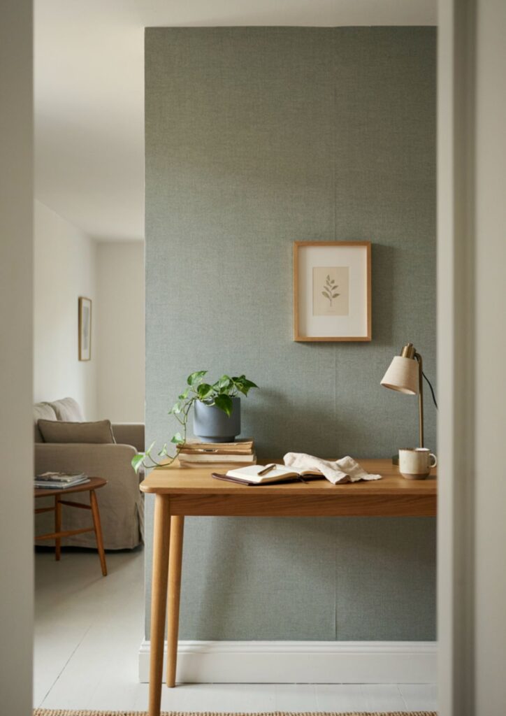 Muted green wallpaper office corner with natural wood desk in open plan home