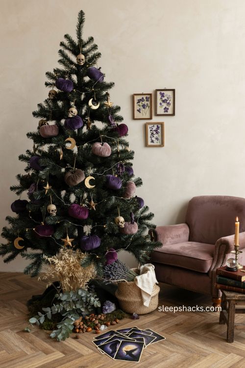 Mystical fortune teller halloween tree with purple lights tarot cards and gold stars 