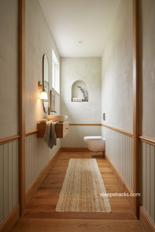 Narrow toilet room ideas with slim vanity floating toilet and warm lighting 