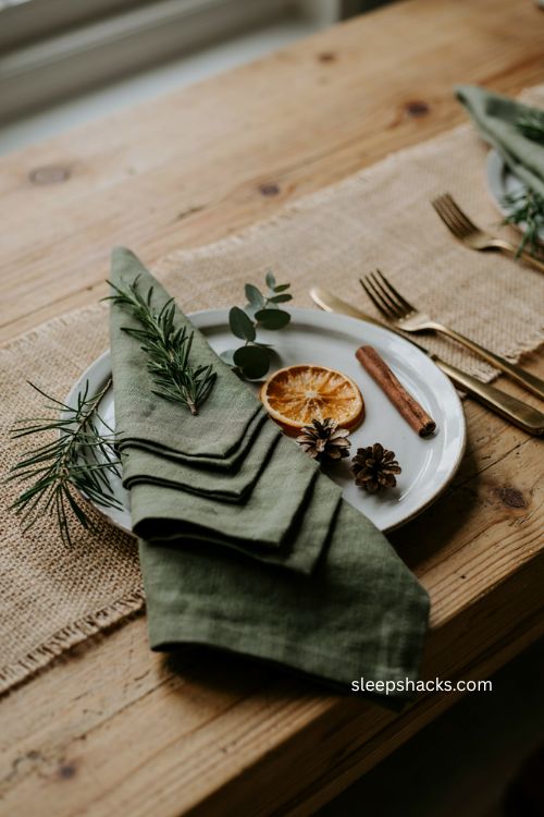 Natural Christmas tree napkin folding with rosemary pine and dried orange 