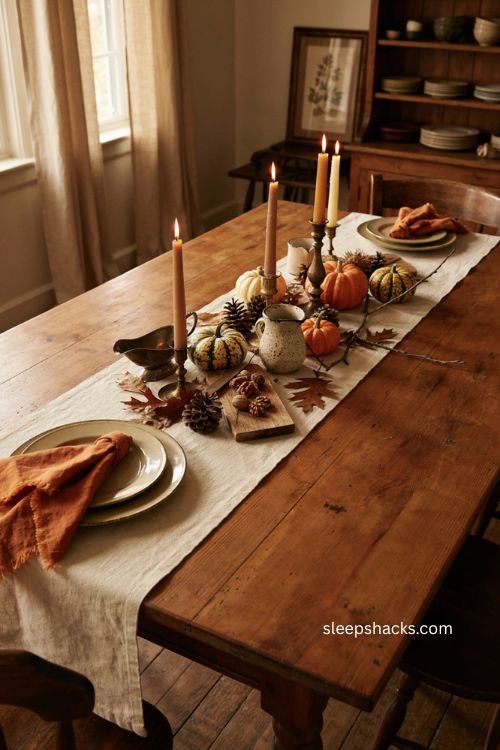Natural Thanksgiving table centerpiece with pinecones leaves mini pumpkins and candles 