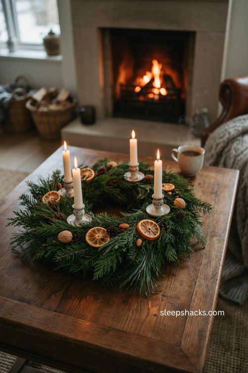 Natural advent wreath with four candles christmas coffee table decor 