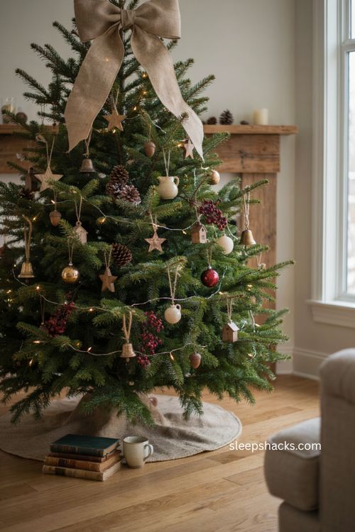 Natural burlap bow Christmas tree topper with pinecones and rustic wooden ornaments 