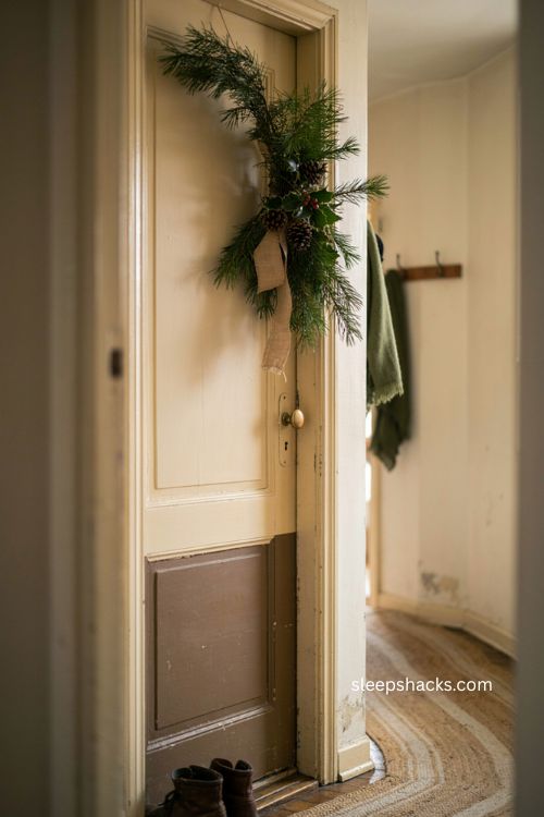 Natural greenery christmas apartment door decor with pine branches holly pinecones and burlap ribbon 