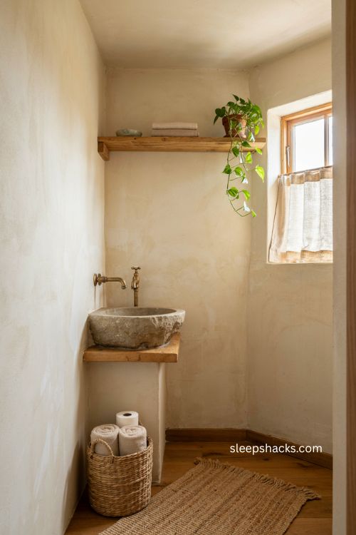Natural materials and textures for a rustic small bathroom