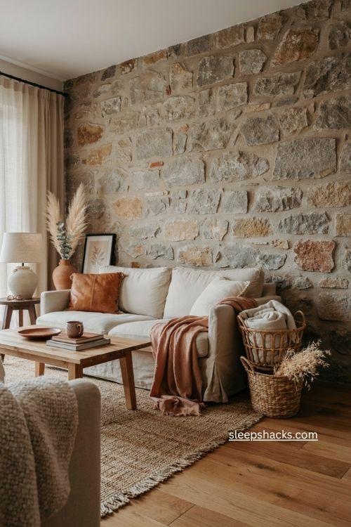 Natural materials western living room with jute rattan linen stone and raw wood