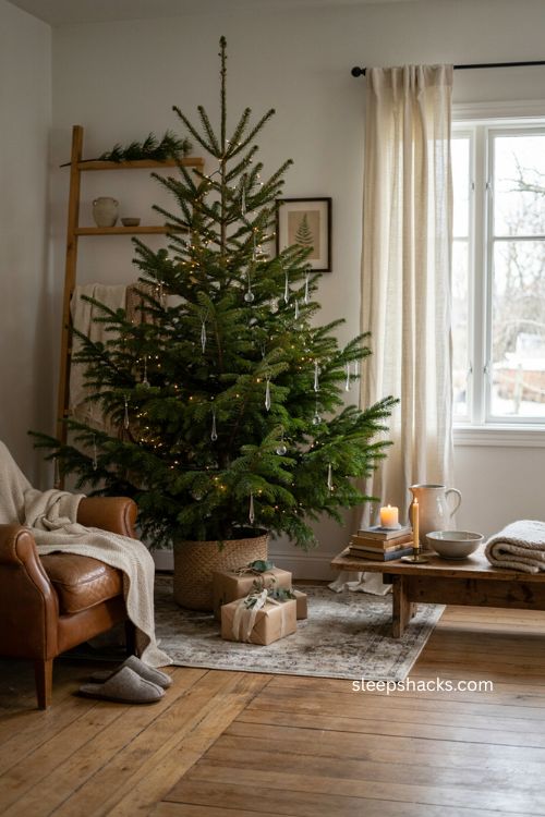 Natural open branch Christmas tree with visible icicle ornaments 