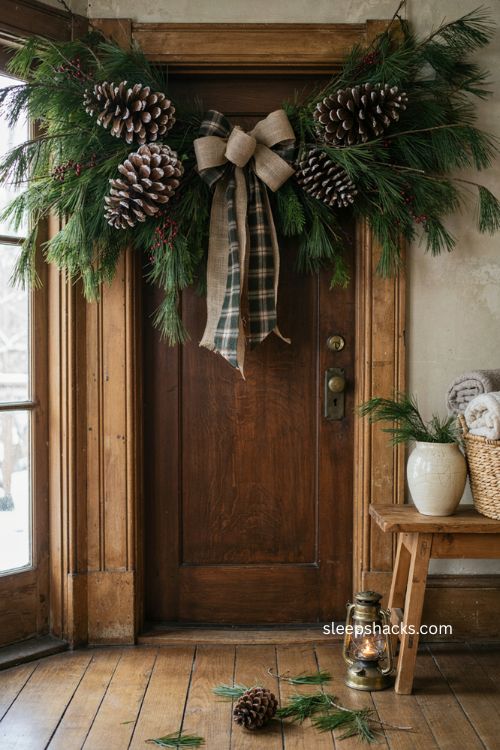 Natural pinecone Christmas swag with pine cedar berries and burlap ribbon