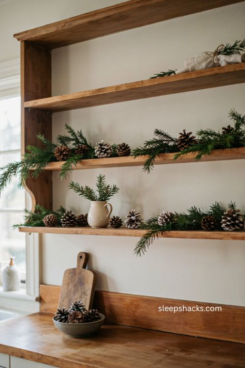 Natural pinecone and fresh greenery Christmas decor on wooden kitchen cabinets 