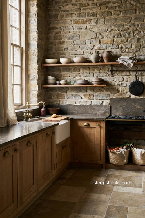 Natural stone countertops and rustic wood cabinetry in a cozy countryside kitchen 