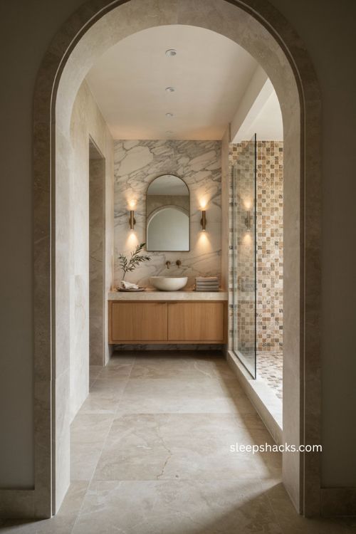 Natural stone marble bathroom with warm veining elegant vanity and timeless luxury 
