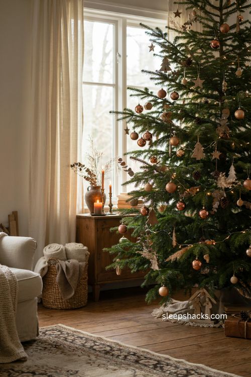 Natural wood Christmas ornaments with brown glass velvet and gold tree decor