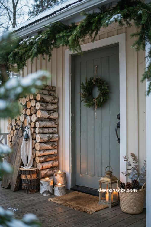 Natural wood Christmas porch decorating ideas with birch logs