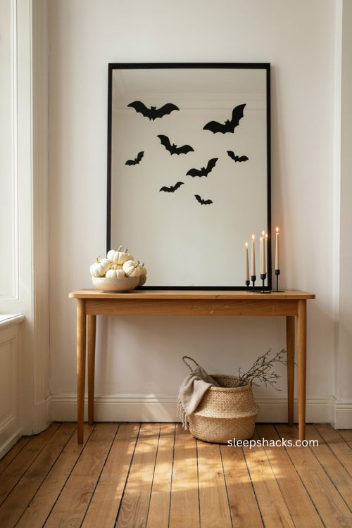 Natural wood Halloween entry table with mirror bat decals white pumpkins and candles