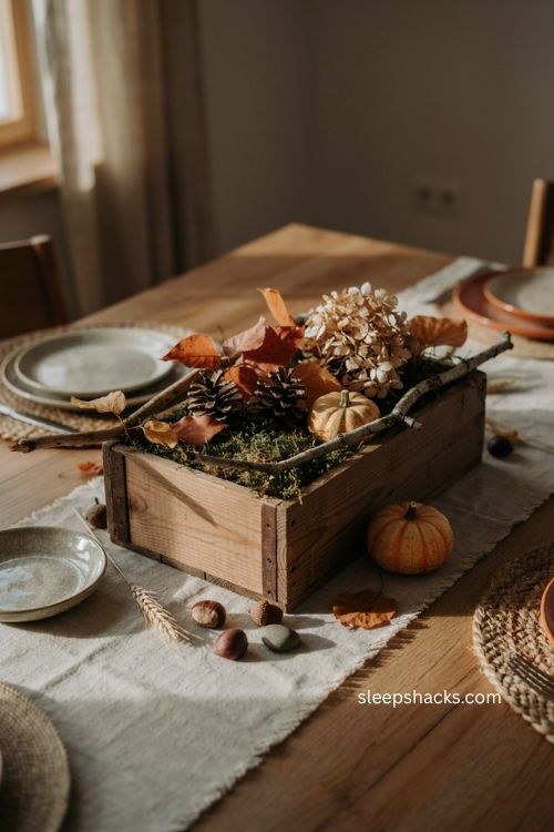 Natural wood crate centerpiece with moss pinecones leaves and mini pumpkins 