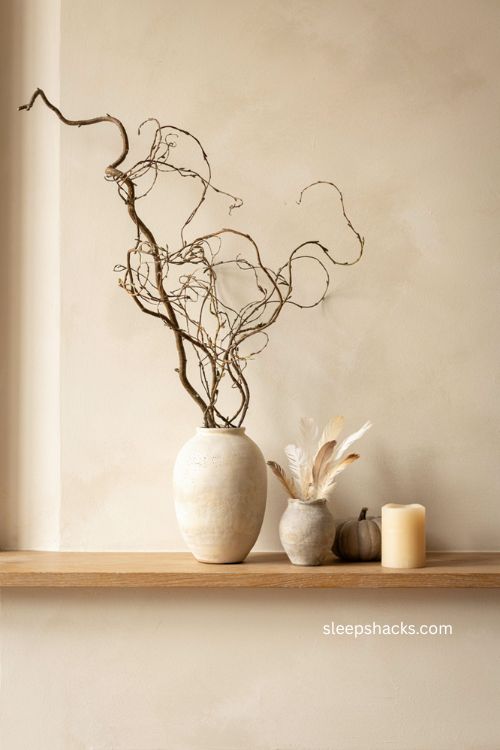 Nature inspired mantle with bare branches and loose feathers 
