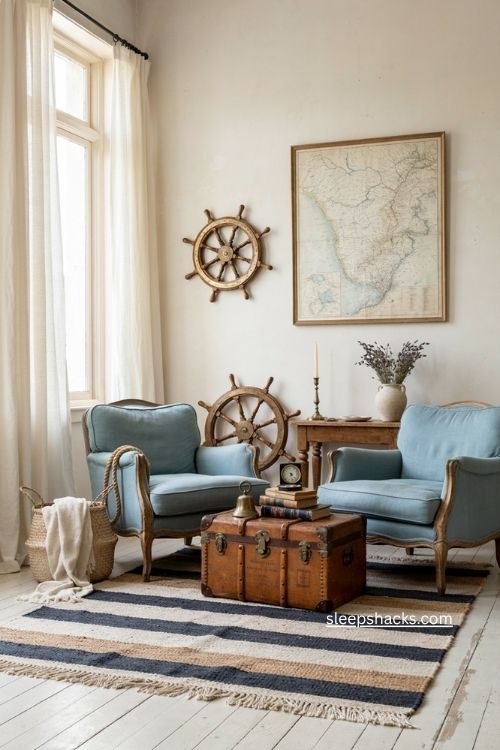 Nautical vintage living room with travel trunk maps and blue white decor 