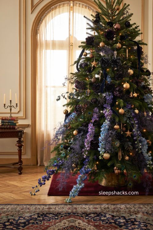 Navy and black floral peacock Christmas tree with cascading tail feather decor 