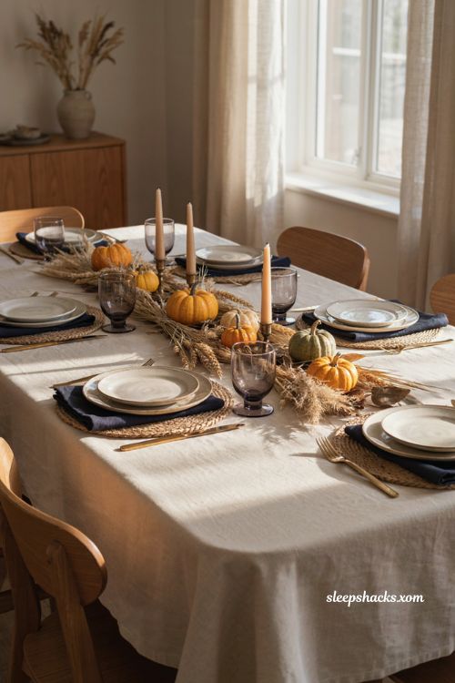 Navy and golden wheat Thanksgiving table with mustard pumpkins