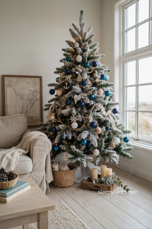 Navy and white coastal Christmas tree with nautical ornaments and flocked branches 