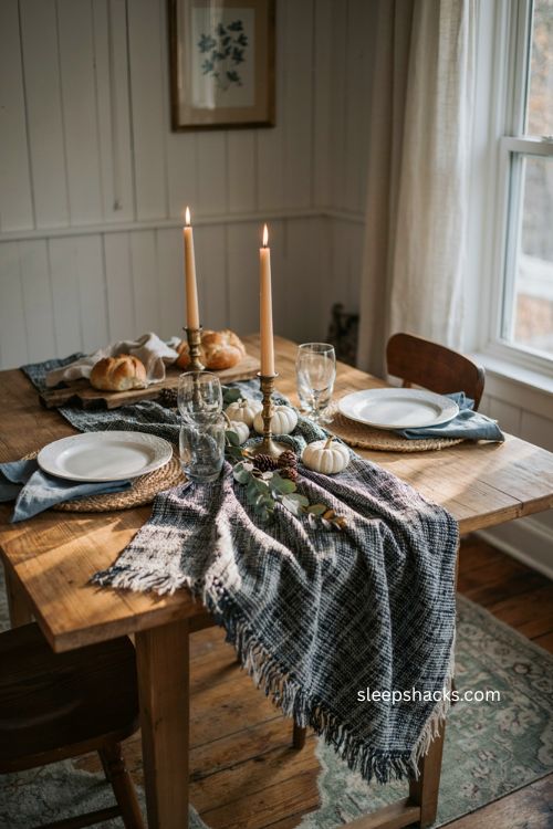 Navy and white throw blanket Thanksgiving table runner on rustic wood