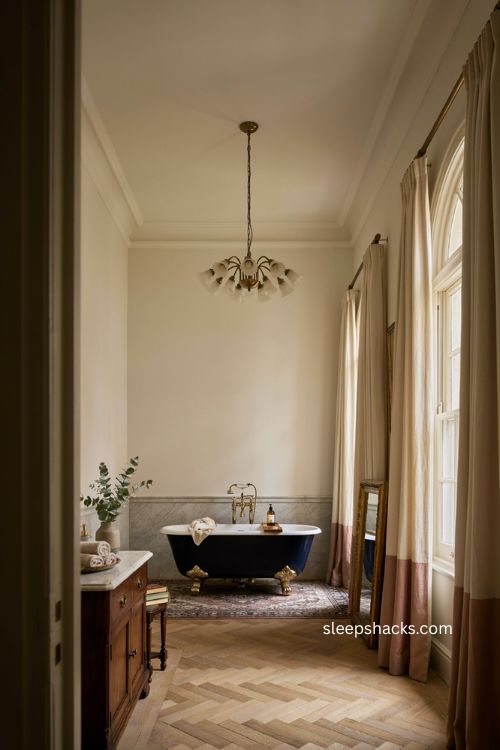 Navy clawfoot tub with gold fixtures vintage mirror and chandelier in a luxurious bathroom 