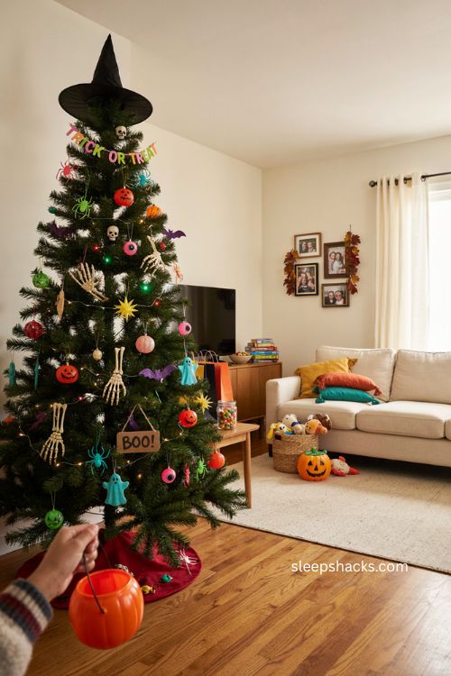 Neon halloween tree with skeleton hands glow in the dark spiders and colorful ornaments 
