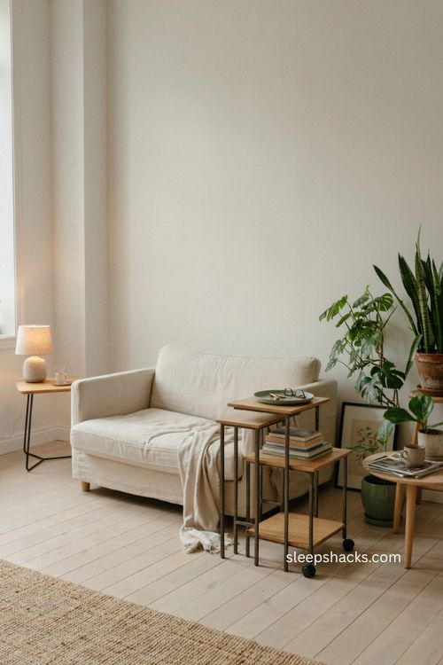 Nesting tables and rolling cart for a flexible small living room 