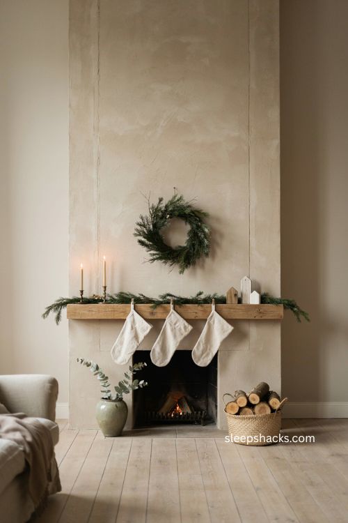 Neutral Christmas chimney decor with cream greenery and natural wood