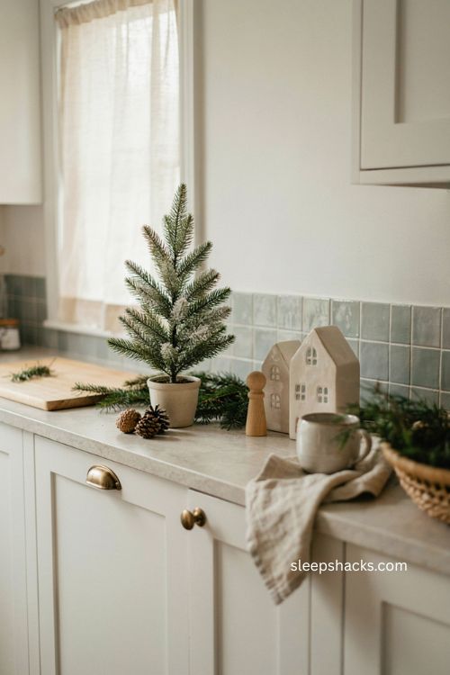 Neutral Christmas kitchen decor with flocked tree and ivory ceramic houses 