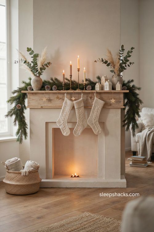 Neutral Christmas mantel with cream stockings wooden stars and evergreen garland