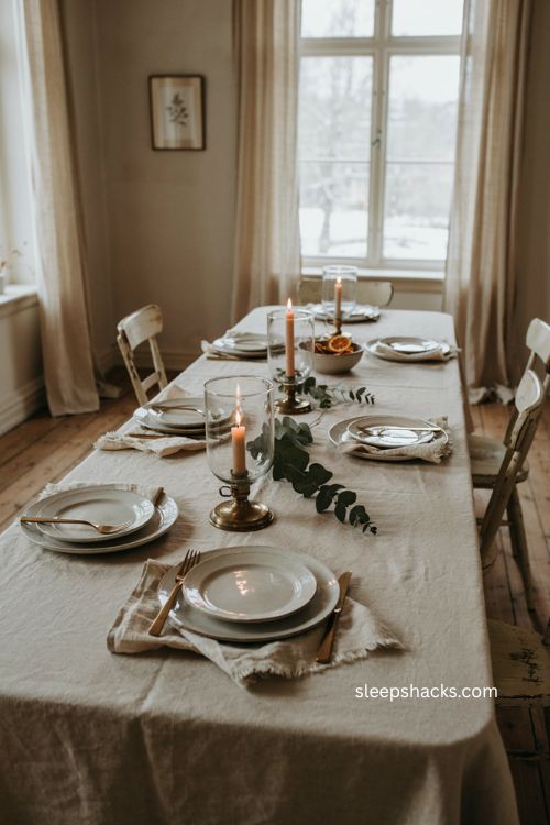 Neutral Christmas table decor with linen eucalyptus and candlelight 