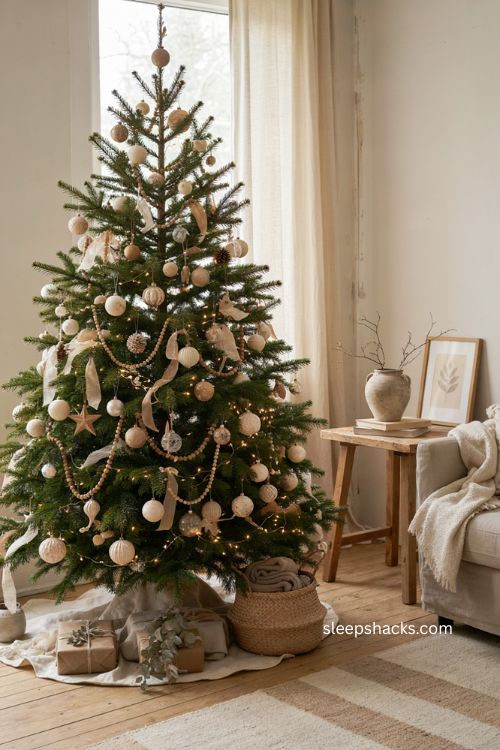 Neutral Christmas tree ideas with cream ornaments natural textures and cozy decor 