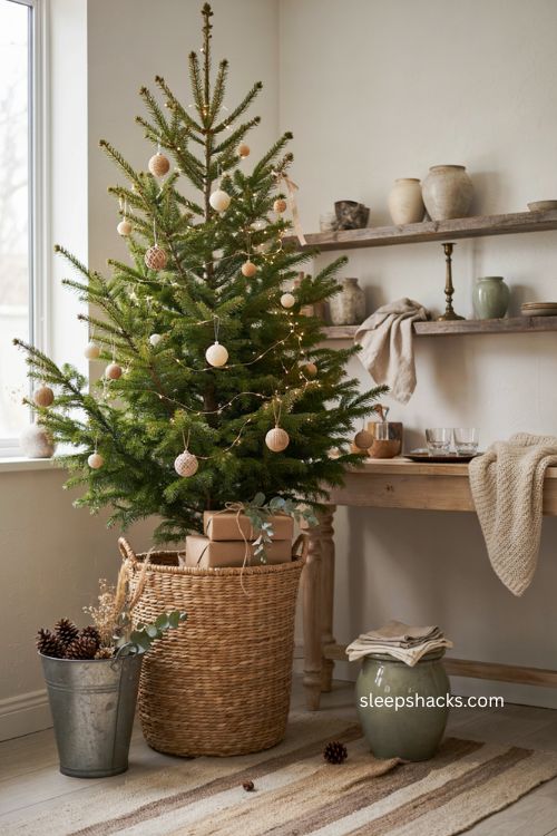 Neutral Christmas tree in a rustic planter basket bucket or vintage crock 