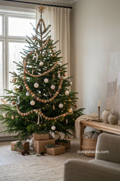 Neutral Christmas tree with chunky wood bead garland and white silver ornaments 