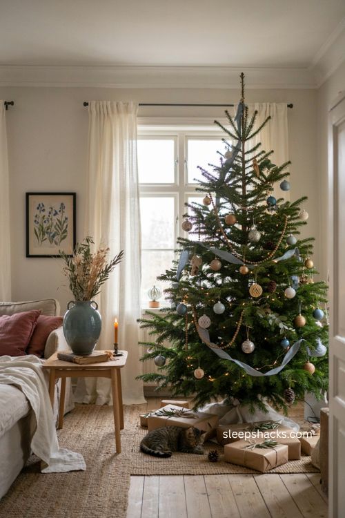 Neutral Christmas tree with color coordinated ornaments inspired by room decor 